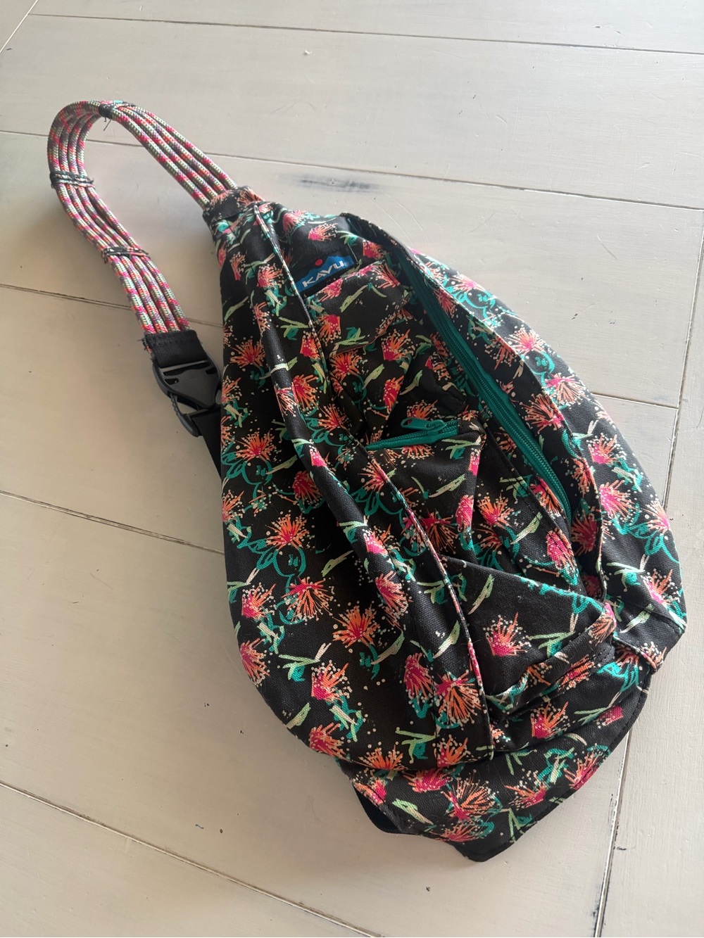 Kavu Floral Sling Bag in Black with Pink & Teal Accents NWOT Hiking Outdoors